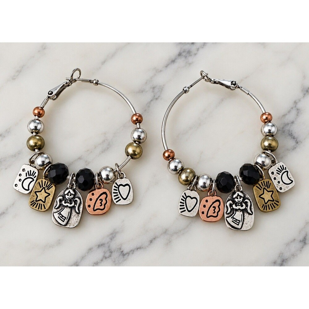 Celestial Hoop Earrings Angel Star Moon Mixed Metal Boho Chic Crystal Beaded